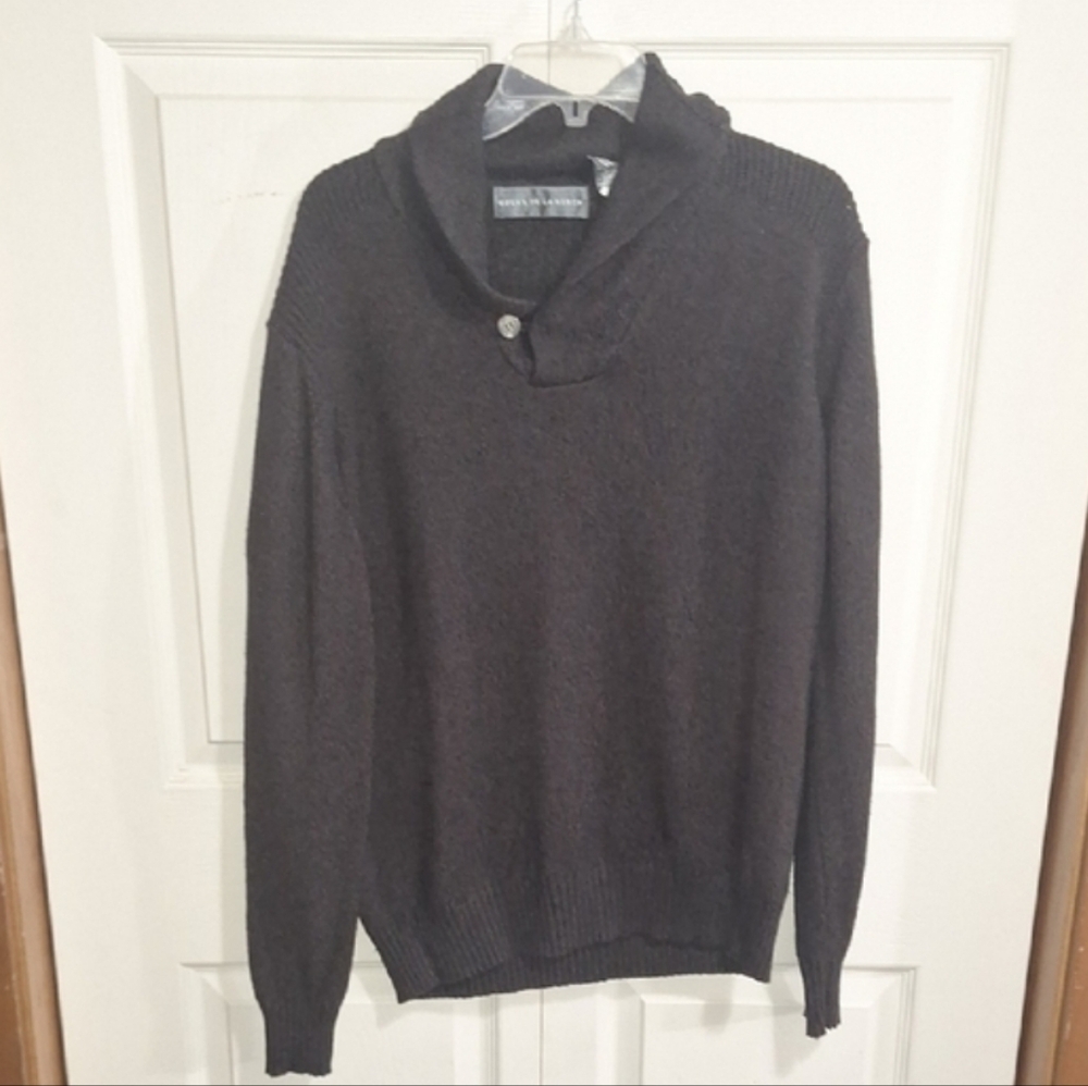 Oscar de la Renta Pullover Sweater-Button Shawl Collar-XL-Brown Cotton